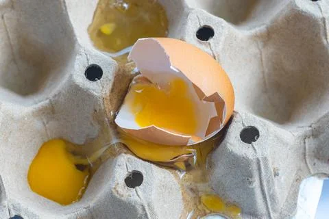 Broken Raw Egg Spilling onto a Cardboard Egg Tray Stock Photos