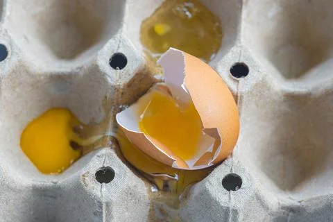 Broken Raw Egg Spilling onto a Cardboard Egg Tray Stock Photos