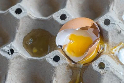 Broken Raw Egg Spilling onto a Cardboard Egg Tray Stock Photos