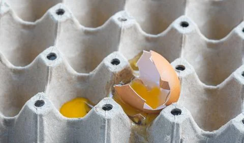 Broken Raw Egg Spilling onto a Cardboard Egg Tray Stock Photos