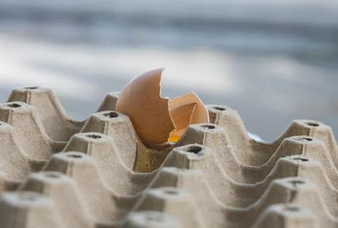 Broken Raw Egg Spilling onto a Cardboard Egg Tray Stock Photos