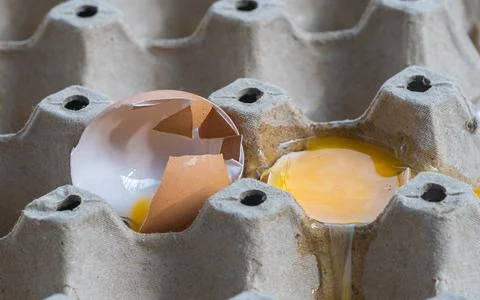 Broken Raw Egg Spilling onto a Cardboard Egg Tray Stock Photos
