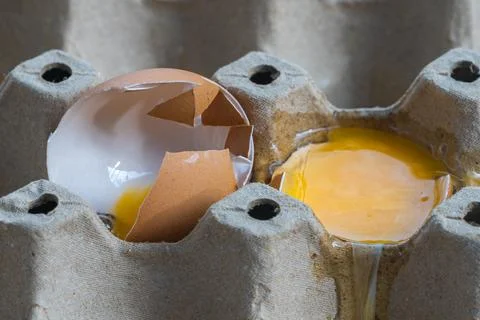 Broken Raw Egg Spilling onto a Cardboard Egg Tray Stock Photos
