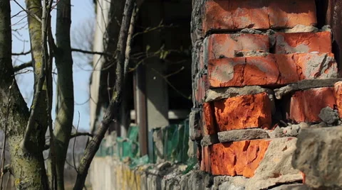 Broken Red brick wall, broken Windows, wood Video stock 57322900