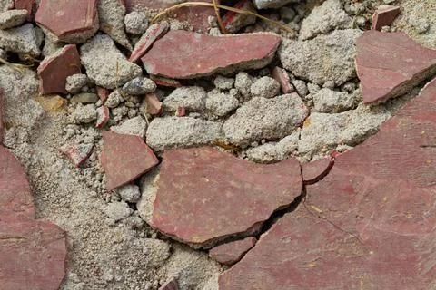 Broken Red Clay Tile Texture with Sand Background, Cracked Earth Surface Stock Photos