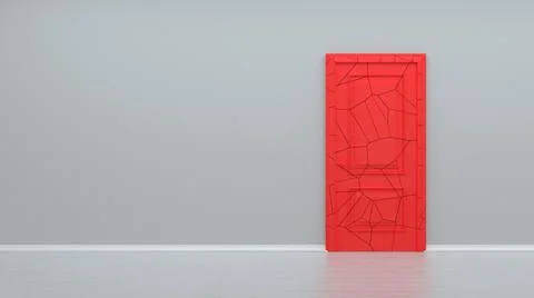 Broken red door on white background. Business concept, failure, broken relati 스톡 일러스트