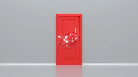 Broken red door on white background. Business concept, failure, broken relati イラスト素材