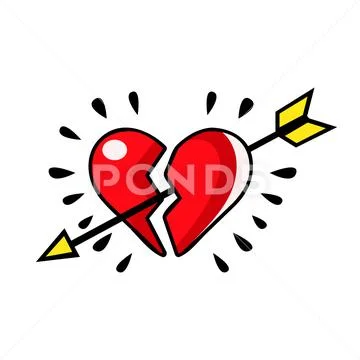 Broken red heart pierced with an arrow, vector comic illustration Stock Illustration