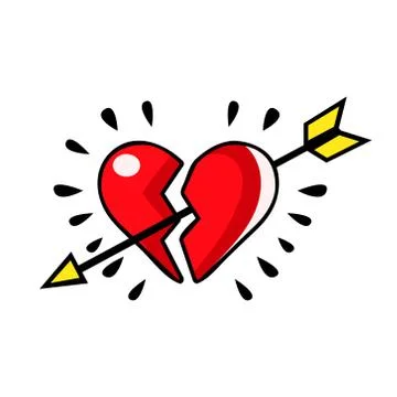 Broken red heart pierced with an arrow, vector comic illustration Stock Illustration