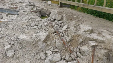 Broken Reinforced Concrete Rubble After Demolition Work Stock Footage 344439710