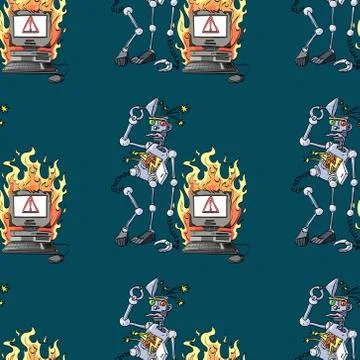 Broken robot and broken computer seamless pattern Stock Illustration
