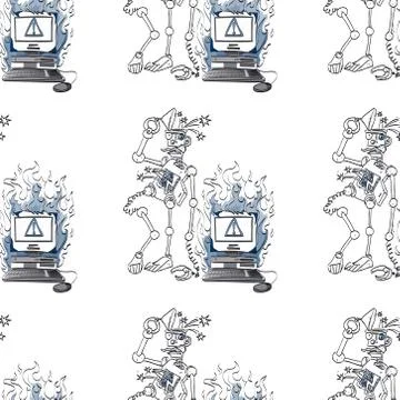 Broken robot and broken computer seamless pattern Stock Illustration