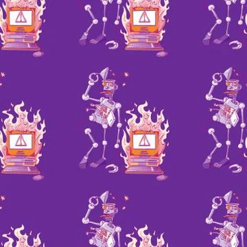 Broken robot and broken computer seamless pattern Stock Illustration