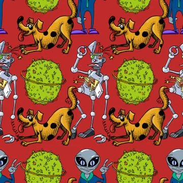 Broken robot, funny dog, alien seamless pattern 스톡 일러스트