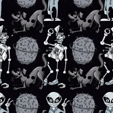Broken robot, funny dog, alien seamless pattern Illustrazione stock
