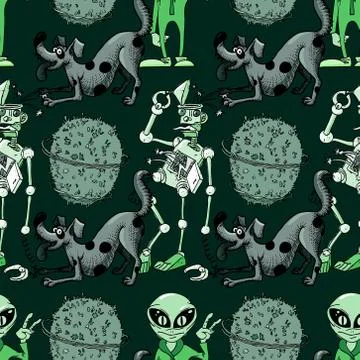 Broken robot, funny dog, alien seamless pattern Stock Illustration