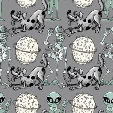Broken robot, funny dog, alien seamless pattern 스톡 일러스트