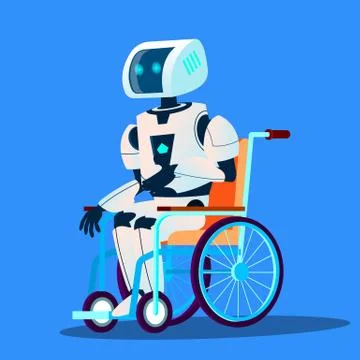 Broken Robot Moving In Wheelchair Vector. Isolated Illustration Illustrazione stock