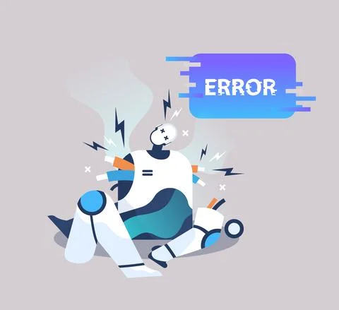 Broken robot showing error artificial intelligence failures overloaded concept Stock Illustration
