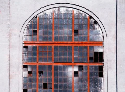 Broken Russian factory window backdrop Stock Photos