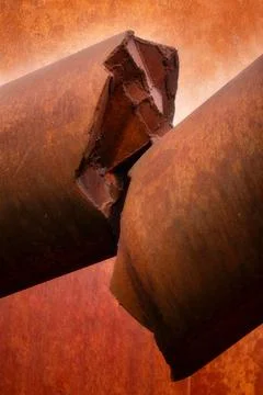 Broken off rust-coloured concrete column on a facade Stock Photos
