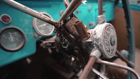 A broken rusty steering wheel in an old destroyed car. Stock Footage 114326087