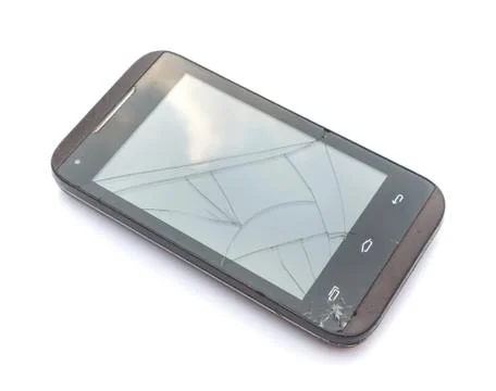 Broken on screen smart phone with white background Stock Photos