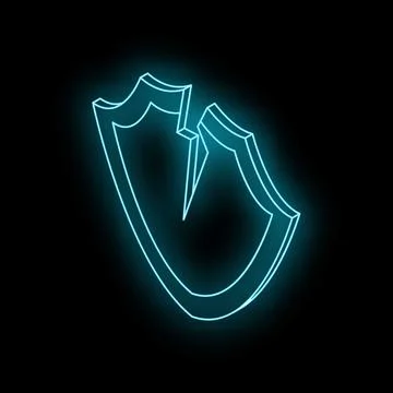 Broken security shield is glowing with neon light on black background Stock Illustration