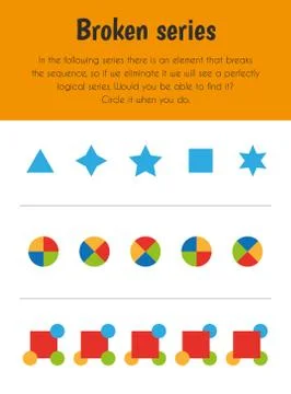 Broken series Educational Sheet. Primary module for Logic Reasoning. 5-6 year Illustrazione stock