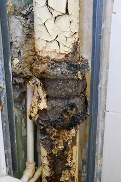 Broken sewer pipe causing chaos and repairs for flooded neighbors in city blo Stock Photos