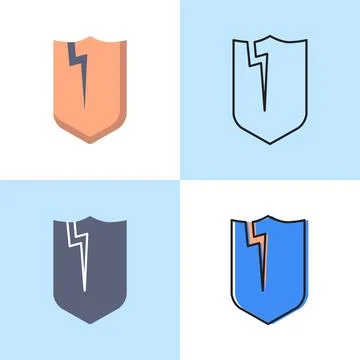 Broken shield icon set in flat and line styles Stock Illustration