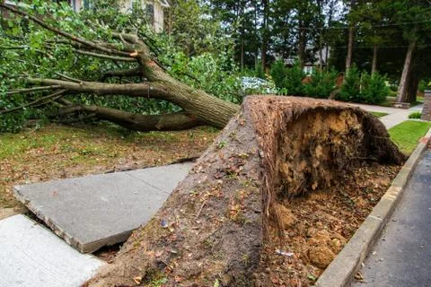 Broken sidewalk from an uprooted fallen tree after a storm Stock Photos