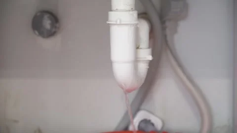 Broken Sink with Leaking Siphon in Kitchen Close-Up of Plumbing Problem and Stock Footage 313548355