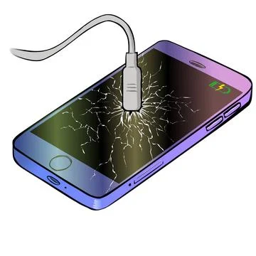 Broken smartphone display due to improper battery charging. Stock Illustration