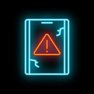 Broken smartphone display showing warning sign neon icon Stock Illustration