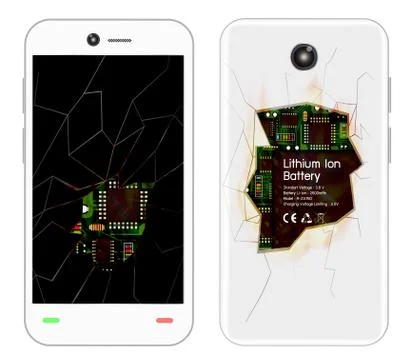 Broken smartphone explosion with burned fire Illustrazione stock