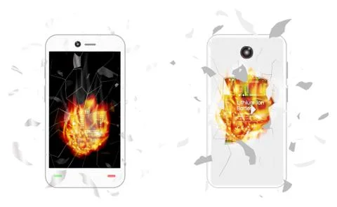 Broken smartphone explosion with burning fire Stock Illustration