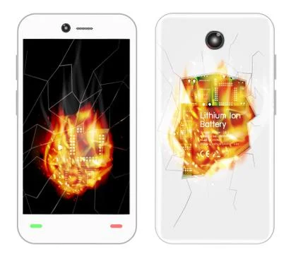 Broken smartphone explosion with burning fire Illustrazione stock