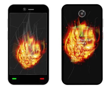 Broken smartphone explosion with burning fire Illustrazione stock