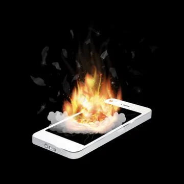 Broken smartphone explosion with burning fire Illustrazione stock