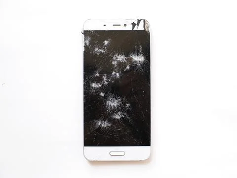 Broken smartphone screen isolated on white background,cracked smartphone scre Foto stock