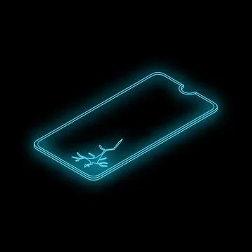 Broken smartphone screen showing cracks in neon light Illustrazione stock