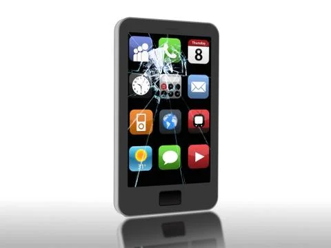 Broken smartphone standing on a reflective surface Stock Illustration