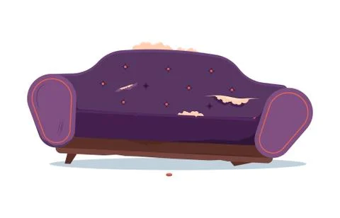 Broken sofa. dirty and damaged indoor old furniture messy seat of sofa. vecto Stock Illustration