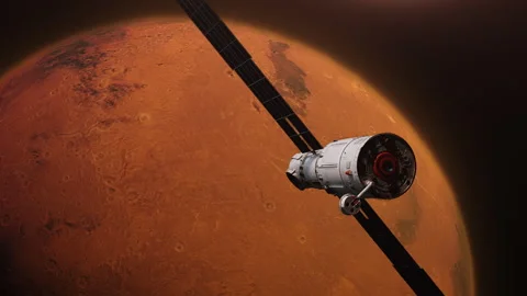 Broken spacecraft flies in orbit planet mars Video stock 242784306