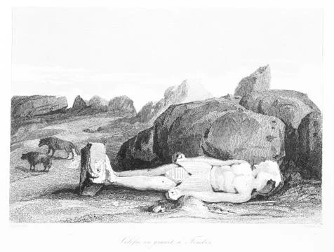 Broken Statue Wolfs Rocks Scene Antique Sketch Drawing Stock Illustration