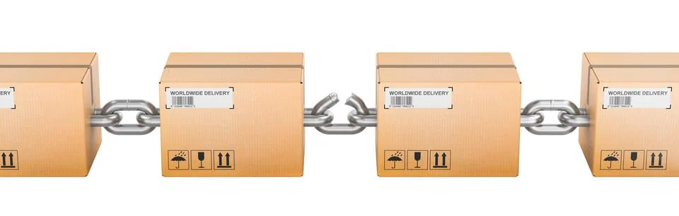 Broken supply chain with cardboard boxes and snapping chain. 3D rendering Stock Illustration