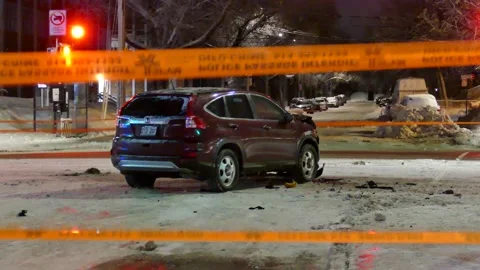 Broken SUV with crime tape Stock Footage 133274489