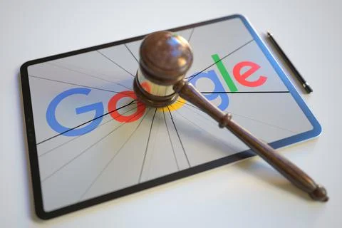 Broken tablet computer screen with logo of GOOGLE and judge's gavel. Editorial Stock Illustration