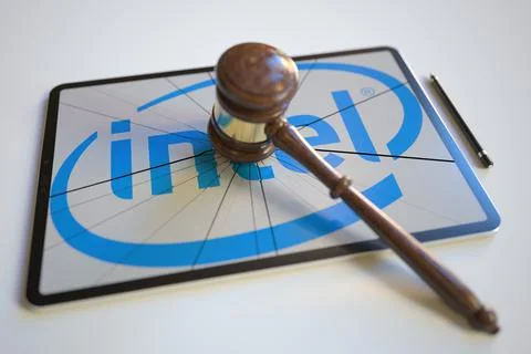Broken tablet computer screen with logo of INTEL and judge's gavel. Editorial Stock-Illustration